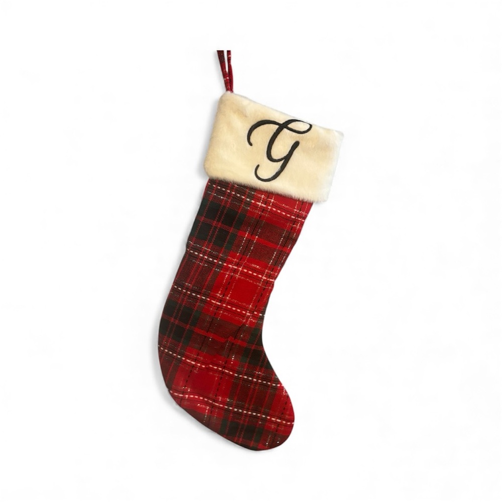 Christmas Stocking Monogram Initial G 20" Plaid with Faux Fur Cuff Wondershop